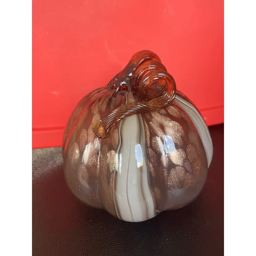 Art Glass Pumpkin Hand Blown Brown Striped Swirl Gold Stem Autumn Harvest 5